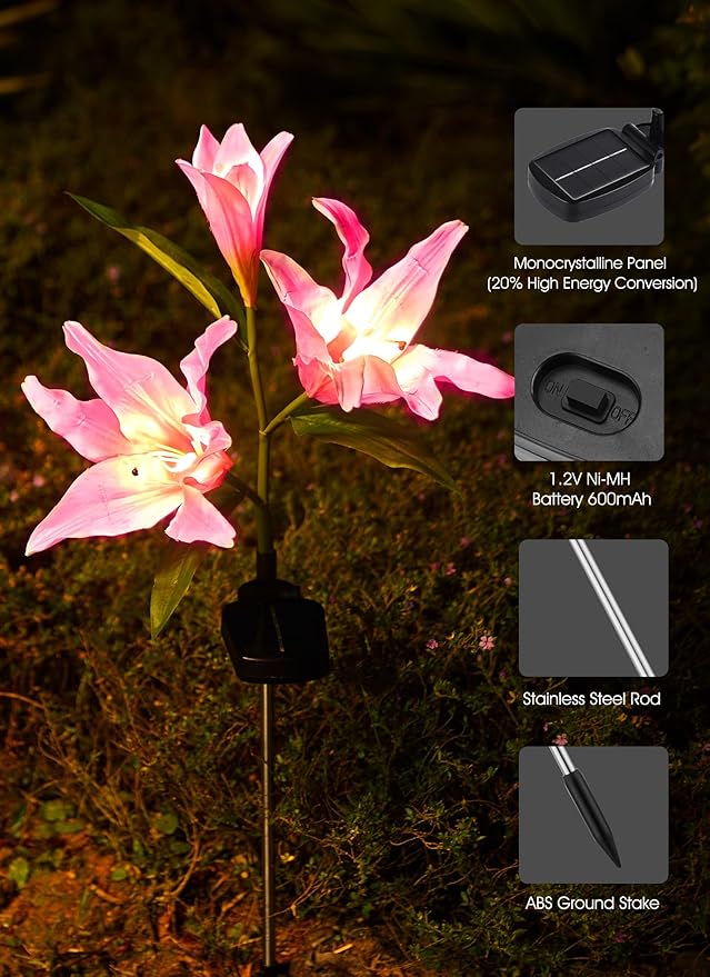 Brightown Solar Lights Outdoor, 4 Pack Solar Garden Lights with Larger & More Realistic Lily Flowers, Waterproof Outdoor Solar Lights for Yard Patio Lawn Pot Decoration