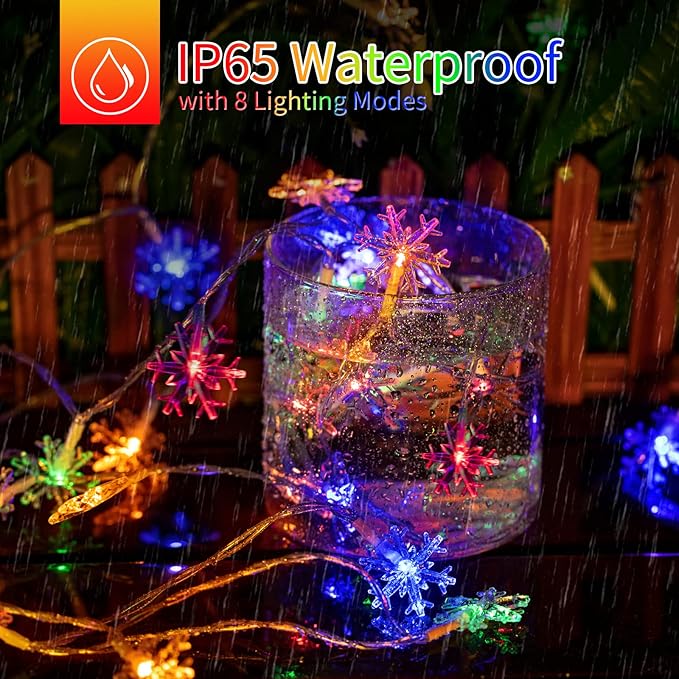 Brightown Solar Christmas Snowflake String Lights - 2 Pcs 100 LED 39 FT Outdoor Waterproof Fairy Lights with 8 Lighting Modes for Wedding, Party, Tree, Garden, Patio, Yard, Home, Multicolor