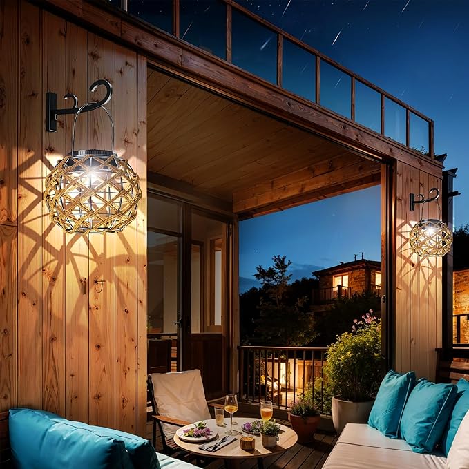 JSOT Solar Lantern - 2 Pack Hemp Rope Hanging Lights Outdoor Lanterns Wall Lanterns Hanging Solar Lamps for Front Porch Patio and Yard