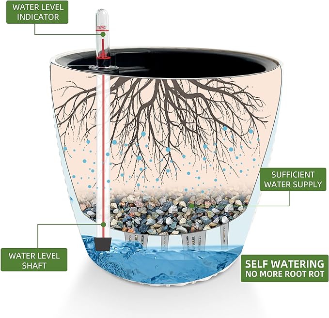 Dexceder 9x8 Inches Rattan Self Watering Planter Indoor Outdoor, Inner Pot Design, Thickened Table Flower Plant Pot with Water Level Indicator (Ivory White)