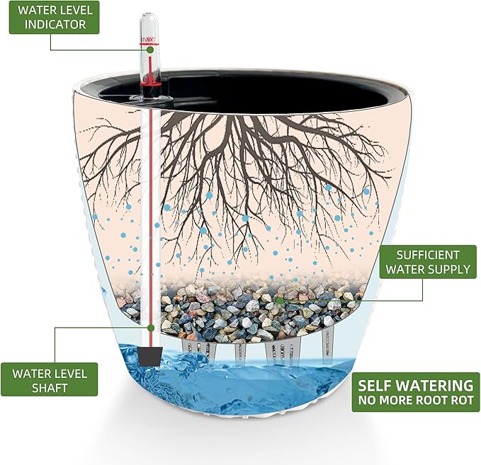 Dexceder 11x10 Inches Rattan Self Watering Planter Indoor Outdoor, Inner Pot Design, Thickened Table Flower Plant Pot with Water Level Indicator (Ivory White)