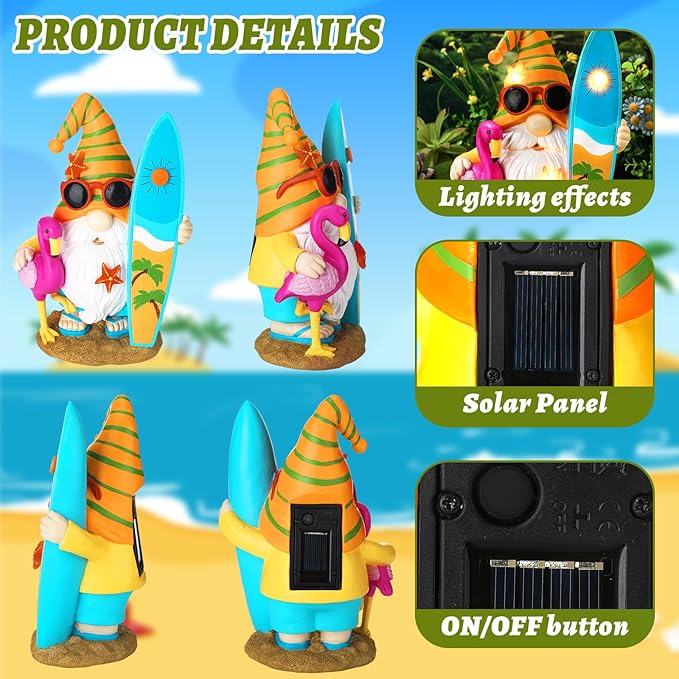 Funny Solar Gnomes Garden Decor Surfer Gnome Figurine with Flamingo Summer Beach Gnomes Solar Light Outdoor Funny Lawn Statue for Patio, Lawn, Yard, Porch,holiday Women Gift,9.1 Inch Tall