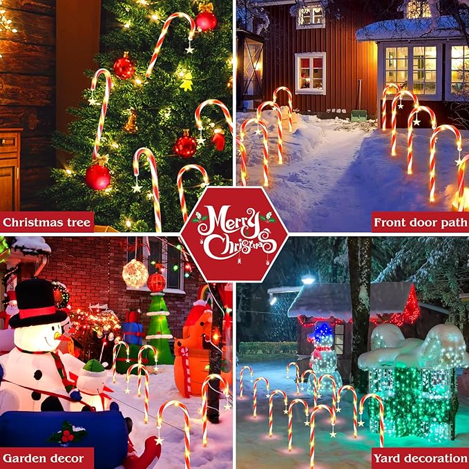 19.3in Christmas Candy Cane Lights with Adapter, 20 Pcs Pathway Light with Snowflake 8 Modes, Outdoor Christmas Decorations for Outside Path, Walkway, Driveway, Sidewalk, Porch, Yard, Garden