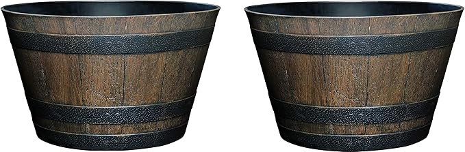 Classic Home and Garden Whiskey Plastic Resin Flower Pot Barrel Planter, Walnut Brown, 20.5" (Pack of 2)