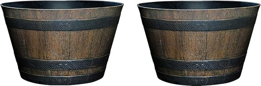 Classic Home and Garden Whiskey Plastic Resin Flower Pot Barrel Planter, Walnut Brown, 20.5" (Pack of 2)