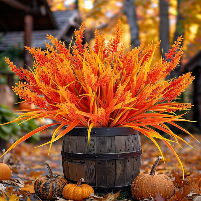 Artificial Fall Flowers for Outdoor Plants 24 Bundles Fake Lavender Plastic Faux Monkey Grass for Verandah Window Garden Office Patio Front Porch UV Resistant for Planter(Autumn Red)