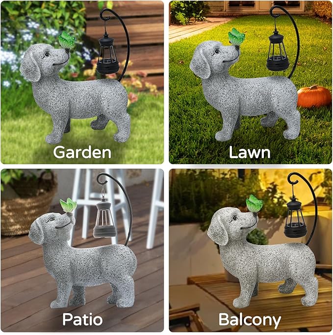 Solar Garden Outdoor Statues Dog with Butterfly Solar Lantern, Lawn Decor Puppy Figurine for Patio Balcony Yard, Yard Unique Christmas Birthdays Gift for Mom Grandma