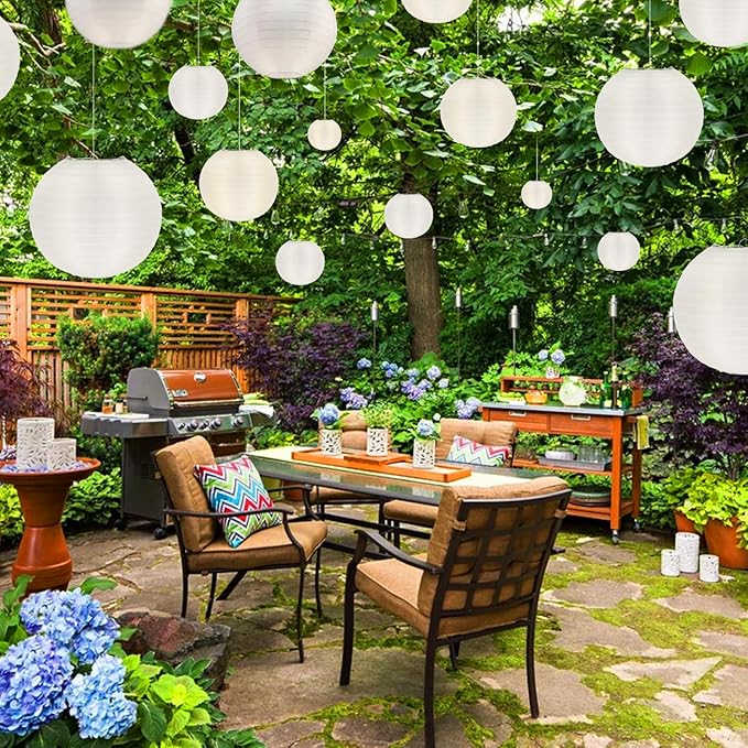 20 Pack White Outdoor Silk Lanterns Decorative, 10inch Waterprooof Outside Indoor Chinese Hanging Round Lanterns for Weddings, Birthdays, Parties Decoration (White)