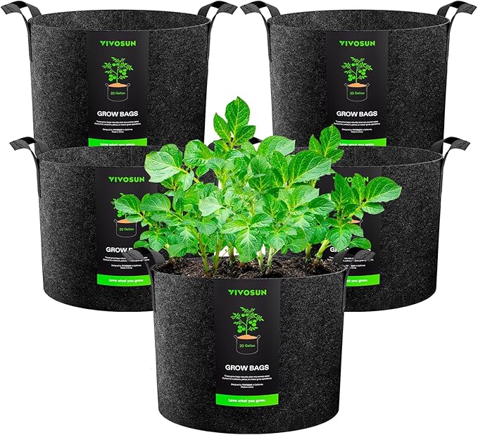 VIVOSUN 5-Pack 20 Gallon Plant Grow Bags, Heavy Duty Thickened Nonwoven Fabric Pots with Handles