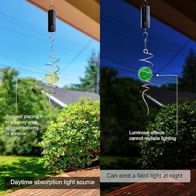 Glow in The Dark Gazing Ball Spiral Tail - Wind Spinner Stabilizer with Glow Glass Ball & Swivel Hook, Hanging Garden Decoration Sun Catcher Rainbow Maker Decor for lndoor Outdoor 13" Height