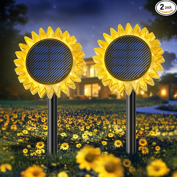 Solar Garden Lights - Upgraded Solar Sunflower Light, Ground/Wall 2 In 1, Outdoor Lights Waterproof IP67,Garden Yard Patio Backyard Pathway Landscape Fence Wall Decoration, Warm White(2 Pack)