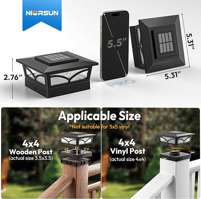 NIORSUN Solar Post Cap Lights Outdoor, 2 Modes LED, Deck Fence Post Solar Lights for 3.5x3.5 4x4 Caps Patio Garden Decoration, Warm White/Cool White Lighting Black 6 Pack