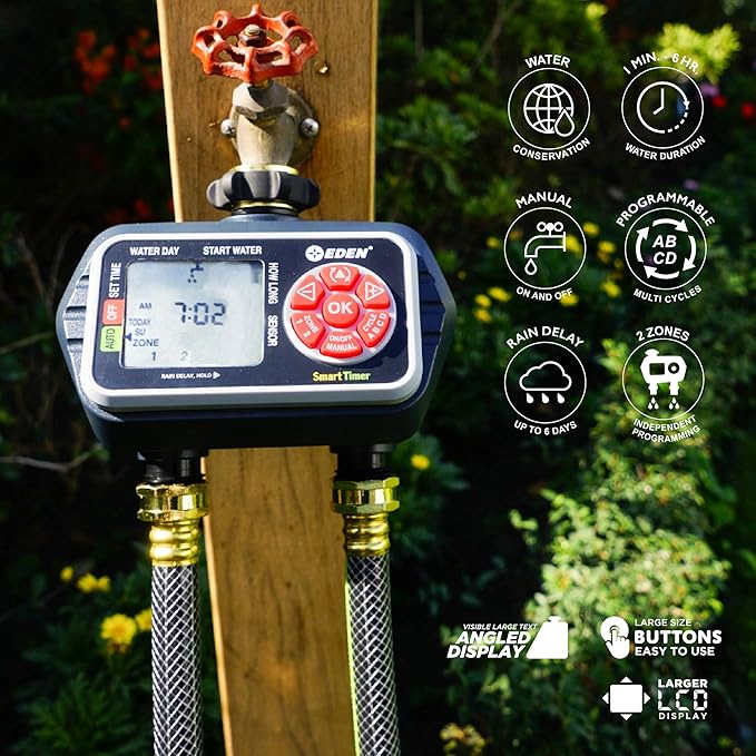 Eden 93412 Programmable Digital Water Timer 2-Zone, Compatible with Wireless Soil Moisture Sensor