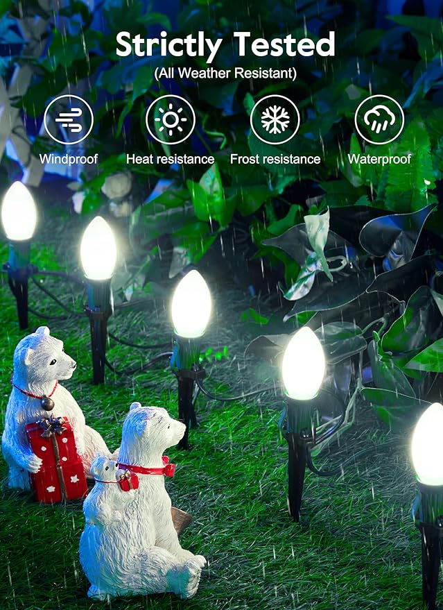 Brightown Frosted C9 LED Christmas Lights Outdoor, 32Ft Pathway Lights with 25 LED Bulbs, Pure White