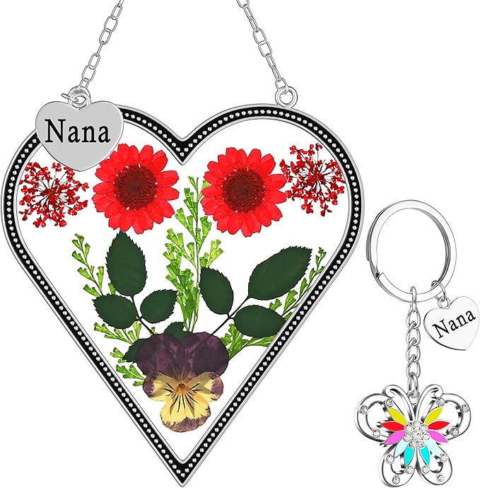 KY&BOSAM Heart Suncatcher Nana Gift for Nana Stain Glass Wind Chime for Window Pressed Flower Between Heart Glass Metal Engraved Charm Gift for Mother's Day Valentine's Birthday Thanksgiving Christmas