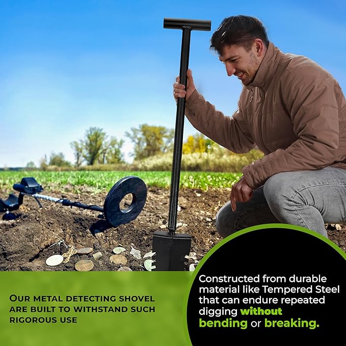 CKG Metal Detecting Shovel Digging Tool with Double Serrated Blade – Heavy Duty Digger Garden Root Cutter T-Handle Spade Professional Metal Detector Accessories, Single