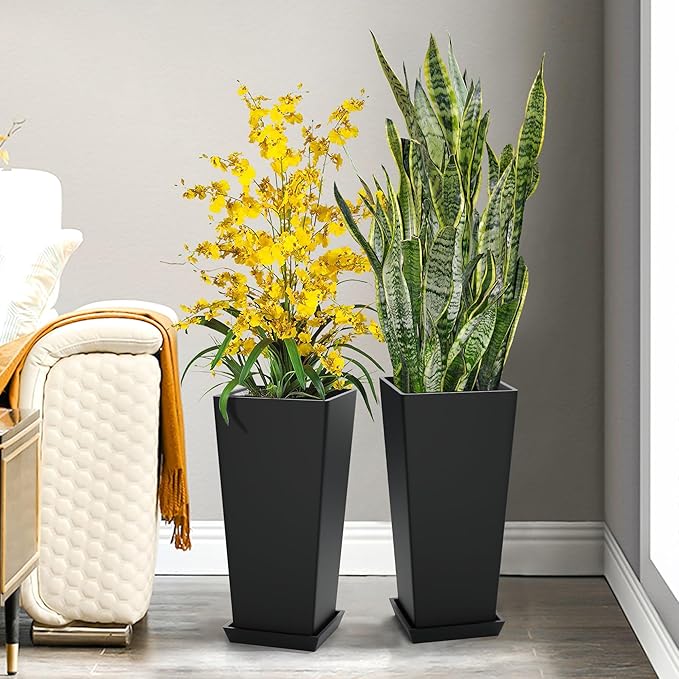 Set of 2 Large Tall Planter for Indoor or Outdoor 24" Tall Flower Pots Tapered Tall Planters with Tray for Porch, Patio, Backyard, Large Planters for Outdoor Indoor Plants(Black)