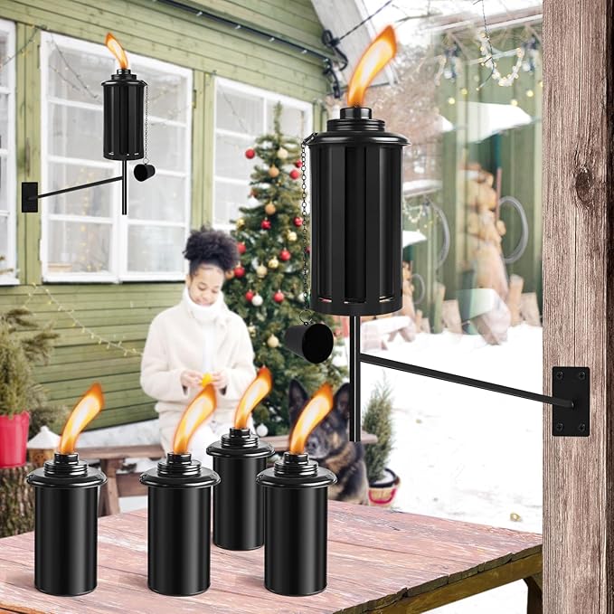 6 PCs Wall Mounted Citronella Torches for Outside, Metal 16 oz Garden Torches, Outdoor Garden Decorative, Easy Refillable Metal Torch for Patio, Deck, Garden, Yard, Black,