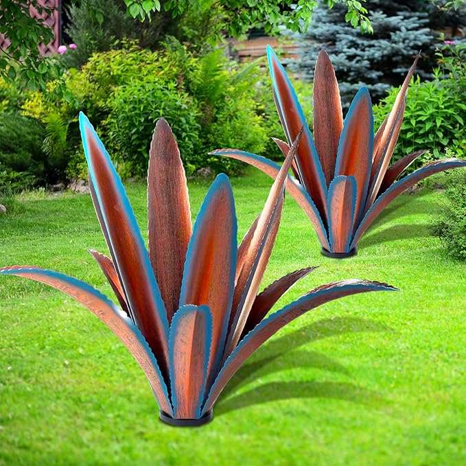Enlarge thickened Wind Resistant Metal Agave Garden Art Metal Plant Country Garden Sculpture Statue Outdoor decoration Agave Metal Plant Courtyard Garden Lawn Ornament Gift (1, 12 Leaves blue)