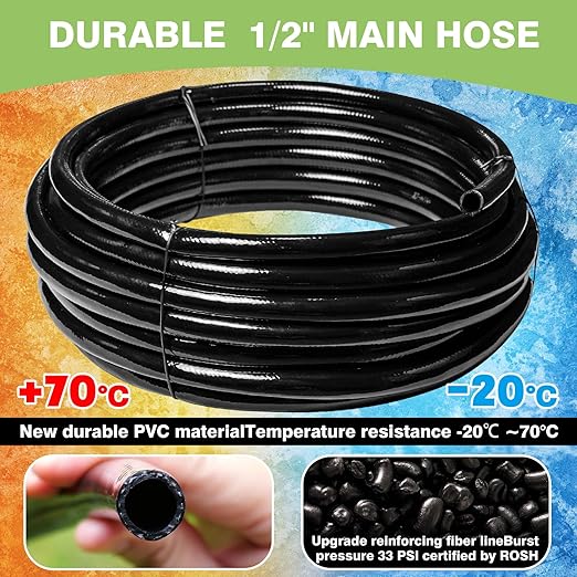 40 FT 1/2 inch Drip Irrigation Irrigation kit Main Line Supply Hose Tube for Garden Irrigation System (Includes 1/2" Straight Connector, 3-Way Connector, Switch Valve)