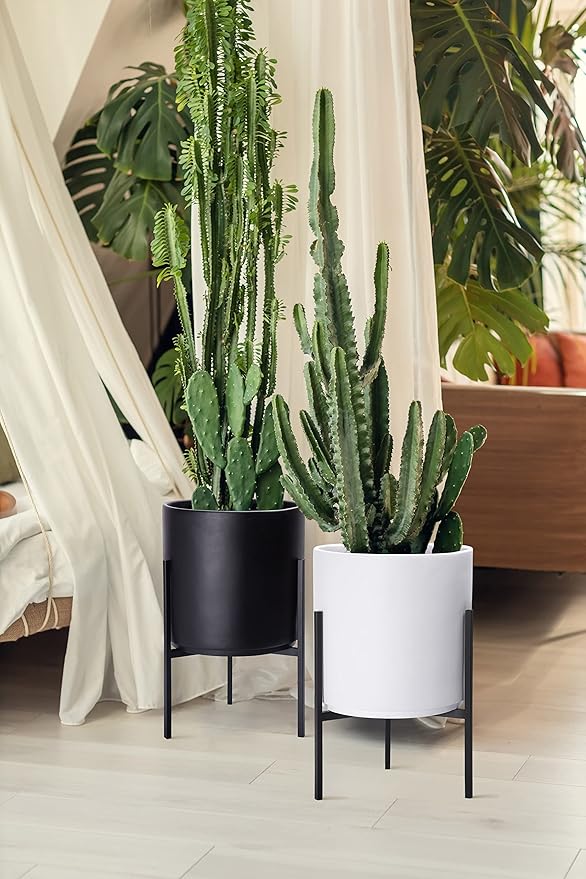 D'vine Dev Modern Black Plants Pot Cylinder Planter with Heavy Duty Stand, Medium 10 Inch Pot, 16.3 Inch with Stand Height, 96-T-B-2