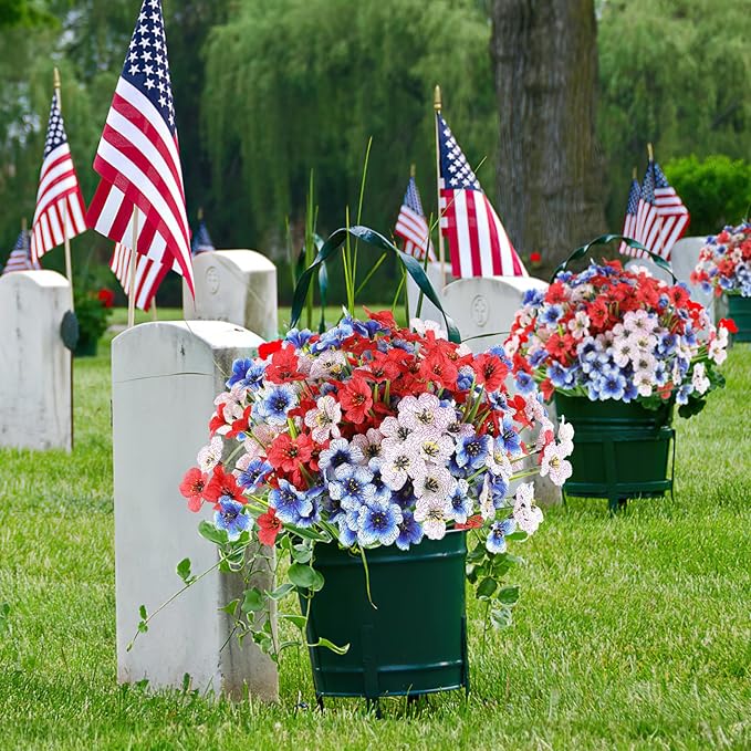 24 Bundles Artificial Flowers for Outdoor,No Fade Fake Plastic Flowers for Garden Porch Window Box Home,Red White Blue Faux Plants for 4th of July Memorial Day Independence Day Patriotic Decor
