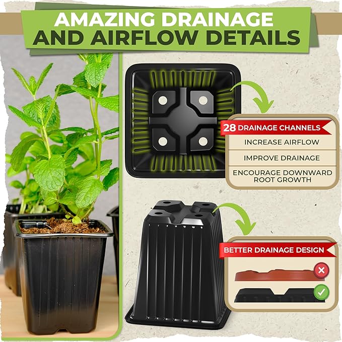 CARPATHEN 60Pack Square Nursery Pots - 3.8 Inch Reinforced Nursery Pots for Plants with Drainage - Reusable Seed Starter Pots for Flowers, Vegetables - Seedling Pots Kit with 10 Plastic Reusable Tags