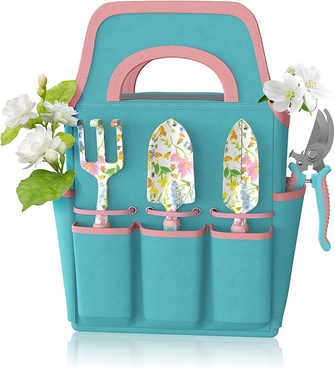6 Pcs Garden Tool Set, Gardening Hand Tools Aluminum Alloy Starter Kit with Garden Bag, Heavy Duty Outdoor Tool Set with Ergonomic Handle, Gardening Gifts (Flower Pattern)