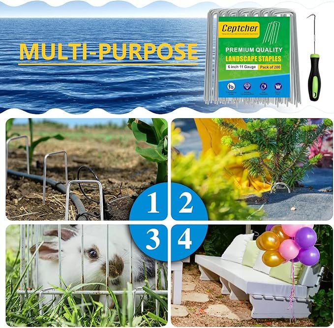200 Pack Garden Stakes, Galvanized Landscape Staples, U-Shaped Tent Stakes, 6 inch 11 Gauge, for Securing Weed Fabric Barrier, Ground Cover, Irrigation Tubing, Artificial Turf (200)
