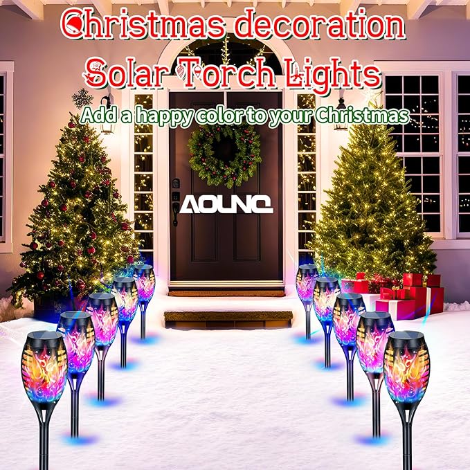 12 Pack Solar Torch Lights Outdoor Waterproof - Multicolor Flickering Flame, Outdoor Solar Garden Lights for Yard, Tiki Torches for Outside Patio Pathway Decorations