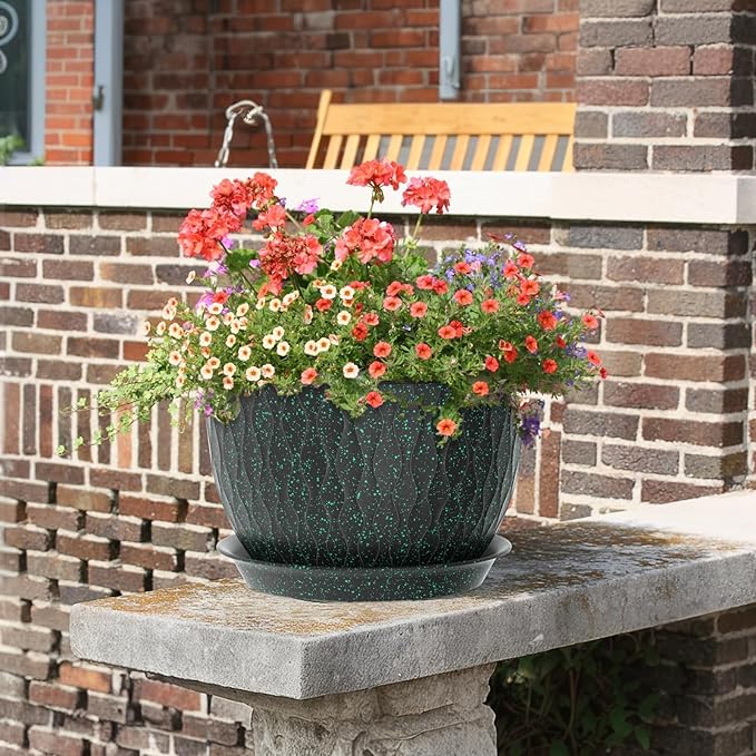 12/10/9 inch Large Plant Pots, 3 Pack Wide Flower Pots for Outdoor Indoor Plants with Ripples, Big Plastic Planters with Drainage Holes and Saucers for Garden Home, Black with Green Speckles