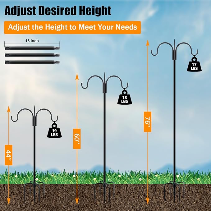 FEED GARDEN Adjustable Double Shepherds Hook for Outdoor with 5 Prong Base 76 Inch Heavy Duty Two Sided Bird Feeder Pole for Hanging Plant Baskets, Solar Light Lanterns, Wind Chimes