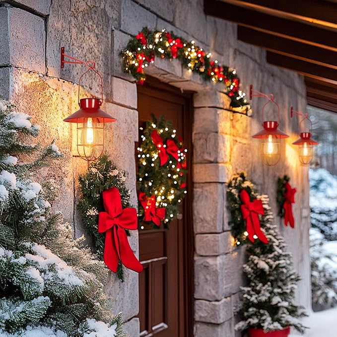 pearlstar Solar Lanterns Outdoor Christmas Metal Solar Powered Hanging Lights Waterproof for Wall Barn Yard Garden Patio Garage Balcony Porch Fence Decor, Warm White Edison Bulb (Red-2pack)