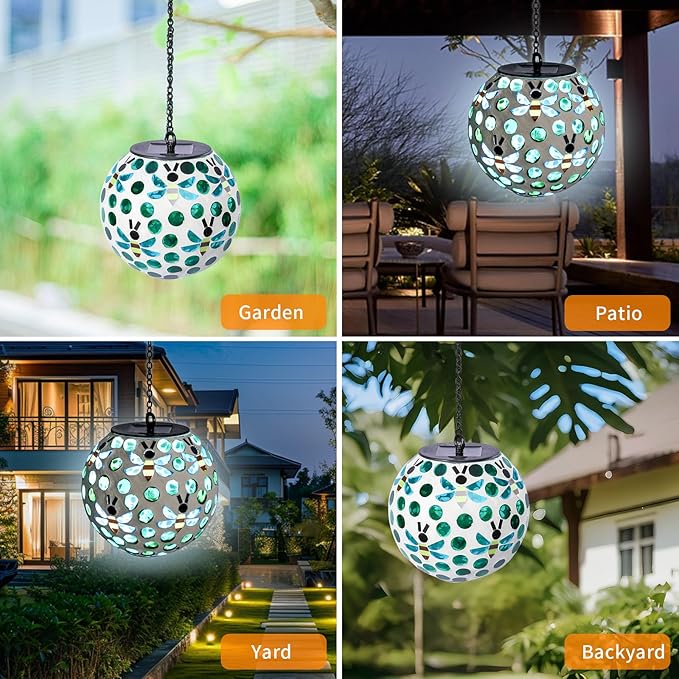VCUTEKA Solar Chandelier Outdoor, Hanging Mosaic SolarLights with Hook Up, Solar Garden Lantern Decor for Yard, Deck and Patio, Green