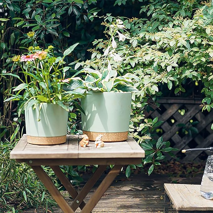 kubvici Plant Pots for Indoor Plants, 2 Pack 10 Inch Plant Pot Plastic Flower Pots Planters with Drainage Saucer for Indoor Outdoor Garden Home (10" Green & White)