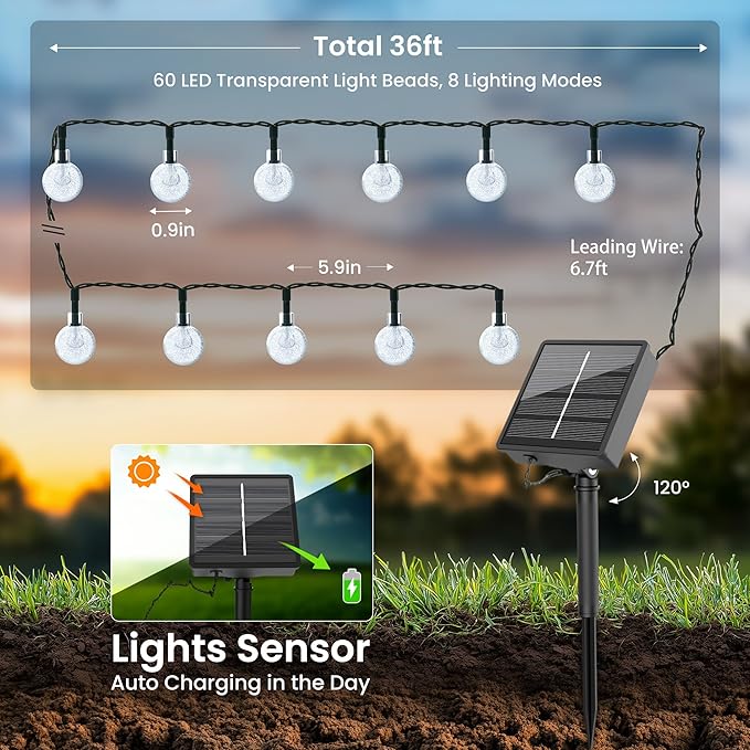 Solar Lights Outdoor Waterproof, Total 36ft 60LEDs Crystal Globe Lights with 8 Modes, Solar String Lights for Outside, Patio Porch Garden Yard Christmas Wedding Party Decor (Multicolor)