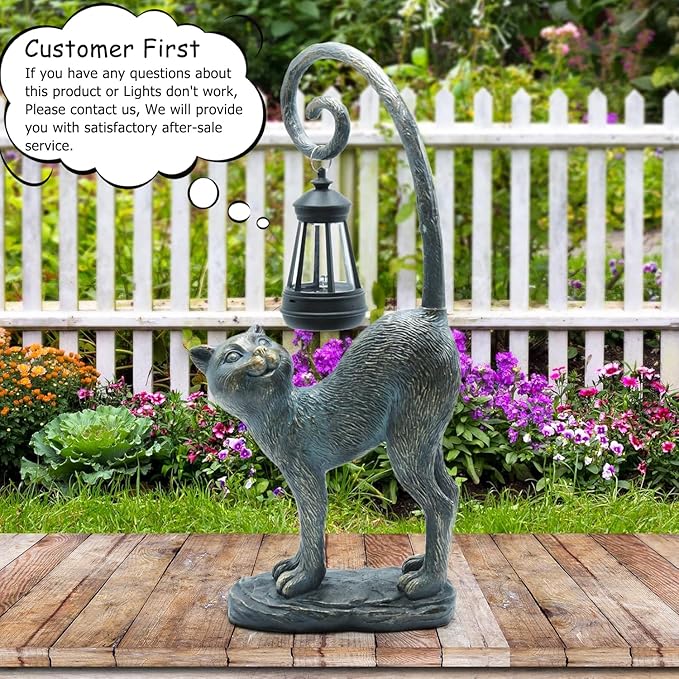 Resin Cat Statue with Solar Lantern, Eye-catching Garden Sculpture Decor，15.3" Height Outdoor Figurine for Garden Yard Patio Decorations，Birthday Gifts