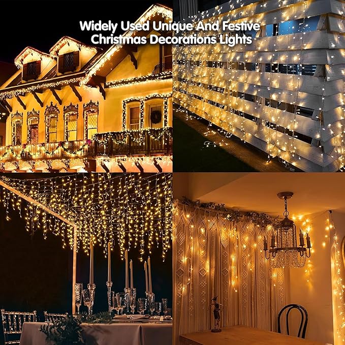 Solar Christmas Lights Outdoor Waterproof Christmas Decorations Curtain Lights 320LED 29.5ft 60 Drops, Solar Powered Rechargeable Fairy Lights for Party, Wedding, Home Decorations(WarmWhite)