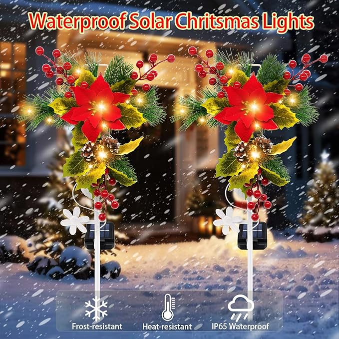 Solar Christmas Decorations Outdoor, 32 Inch Solar Christmas Cross Stake Lights, Waterproof Grave Decorations with Poinsettia Flower Pinecones Red Berries for Garden Yard Patio Lawn Cemetery