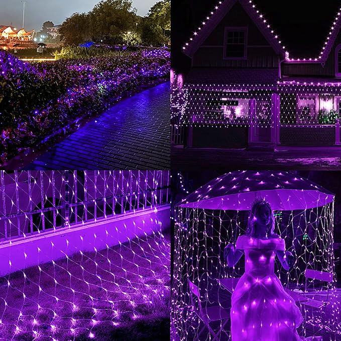 LJLNION Christmas Net Lights, 360 LED 12ft x 5ft Connectable Christmas Mesh Fairy String Lights,8 Modes Low Voltage Safe Adaptor for Xmas Trees, Bushes, Wedding, Outdoor Garden Decorations, Purple