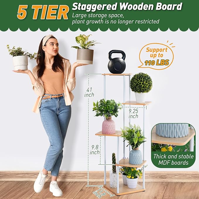 Dreyoo Plant Stand with Grow Light Indoor, 5 Tier 5 Potted Sturdy Metal Plant Shelf, Multiple Plant Holder Tall Plant Ladder for Display Plant Flower Corner Living Room Office (White, Wood Color)