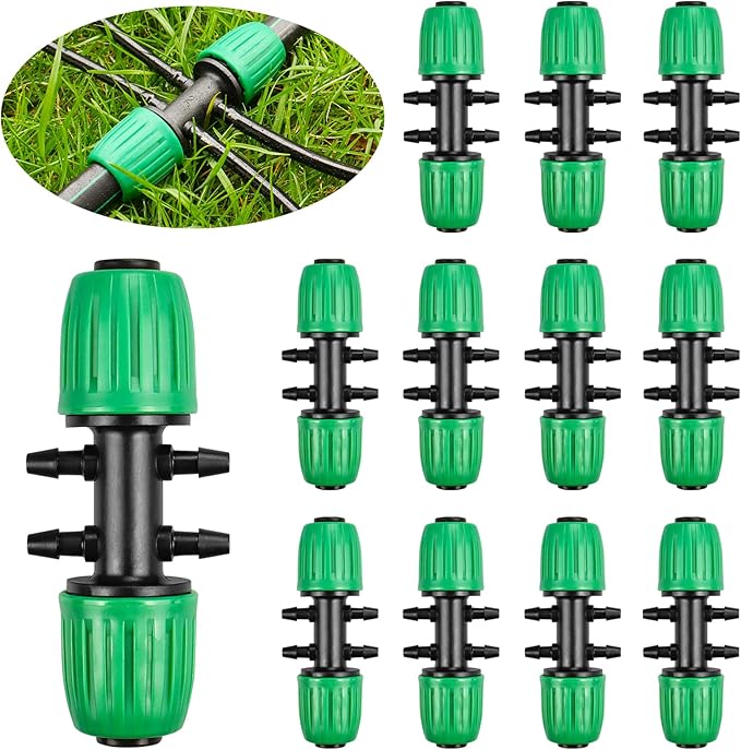 Drip Irrigation Fittings for 1/2" Tubing((0.60"-0.63" OD) to 1/4" Irrigation Tubing, 12 Pieces Barbed Tee Drip Fittings Twist Locked 6 Way Connectors for Drip Irrigation Hose (13mm ID / 4mm ID)