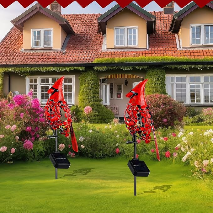 VIHOSE 2 Pcs Cardinal Gift Decor Cardinal Solar Lights for Outside Garden Stake Metal Red Bird Solar Lights Gift Outdoor Stake Grave Patio Yard Lawn Porch Cemetery Decoration for Mom Grandma Women