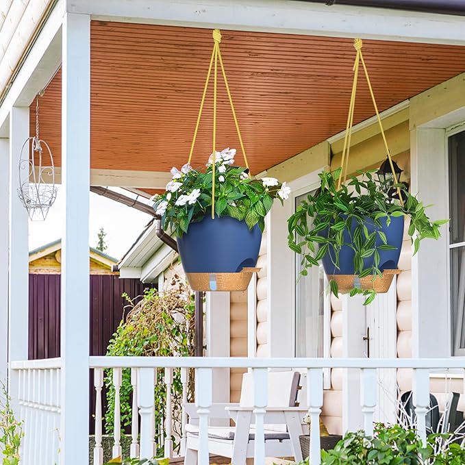 ZMTECH Hanging Planter 10 Inch, 2 Pack Hanging Baskets for Plants Indoor, Hanging Flower Pots with Drainage Hole, Visual Reservoir & 2 Kinds of Plant Hangers for Outdoor Garden Home Decor