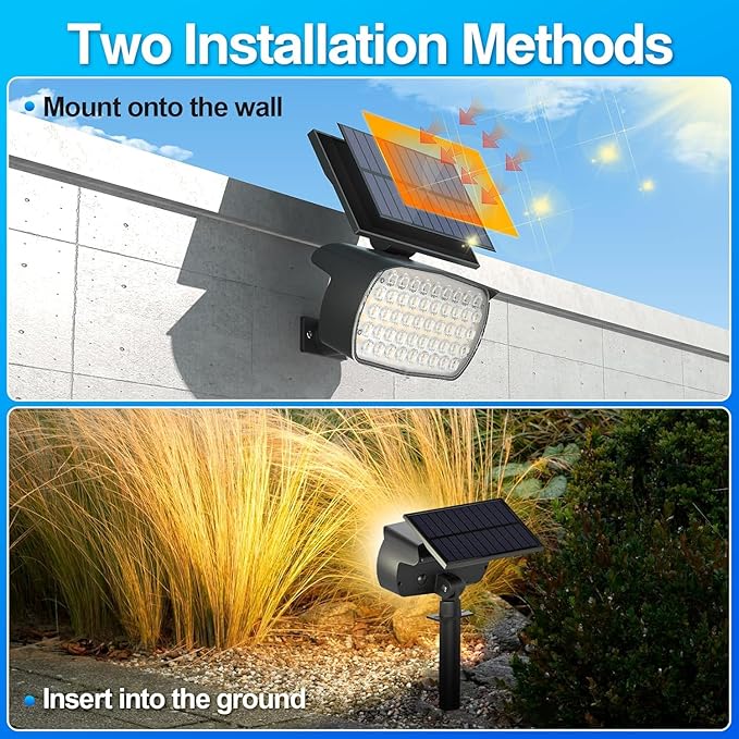 108 LED Solar Spot Lights Outdoor, IP65 Waterproof, 3 Modes Landscape Spotlights, Large Solar Panel Powered Lights for Garden Yard Pathway (Warm White/2 Pack)