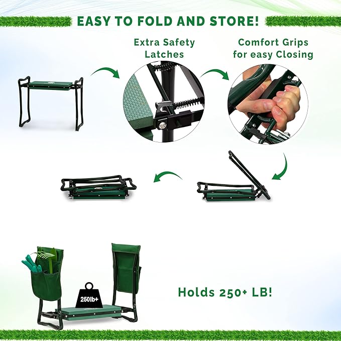 Morvat Garden Kneeler and Seat with Four Gardening Tools, Pair of Gloves + Two Side Pouches, Heavy Duty Metal & Thick Foam for Women Men Mom Seniors, Foldable Portable, Kneeling Pad with Safety Locks