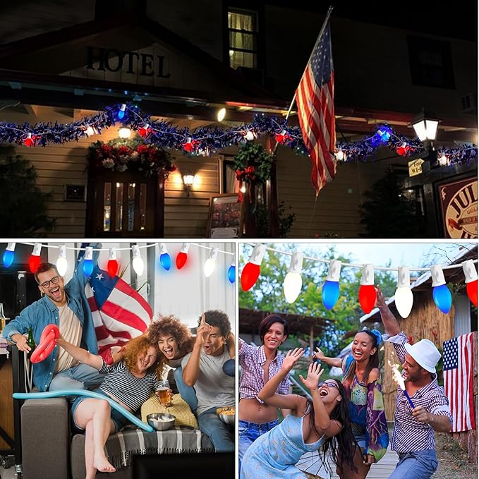 45.6 FT 4th of July Decorations Lights Outdoor, C7 LED Red White and Blue Lights String with 46 Bulbs(6 Spare), Patriotic Decor Light for Memorial Day Independence Day Patio Garden Backyard Bistro