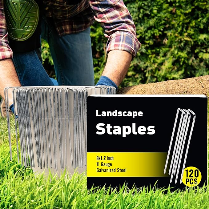 HongWay 120 Pack 6 Inch Landscape Staples 11 Gauge Garden Staples, Galvanized Garden Stakes U-Shaped Sod Pins, Lawn Yard Ground Fence Stakes for Anchoring Landscaping Fabric Irrigation Tubing