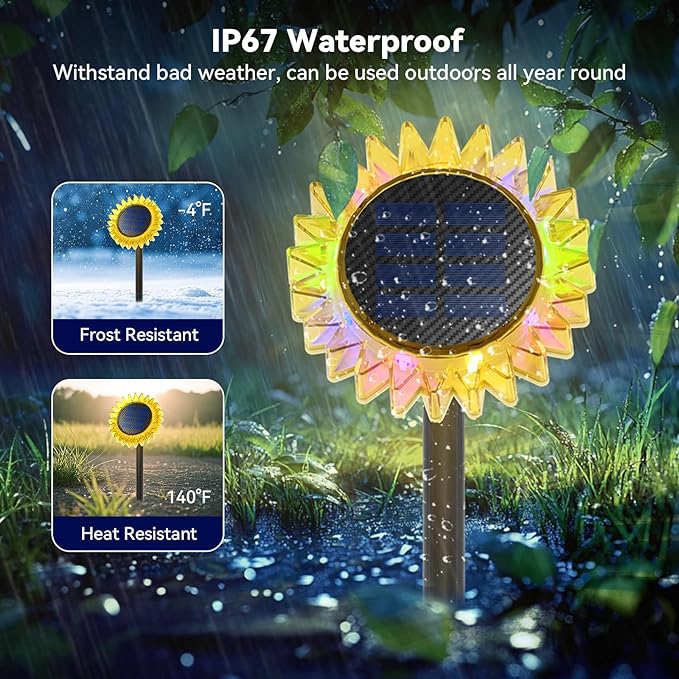 Hogni Solar Pathway Lights - 2 Pack LED Sunflower Garden Light, Waterproof Outdoor Decor for Wall, Lawn, Yard, Walkway, Patio, Landscape