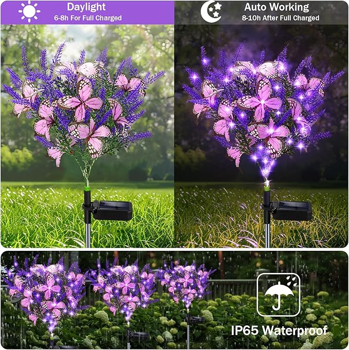 Solar Garden Lights Outdoor, 2 Pack Purple Lavender Solar Butterfly Lights Gardening Gifts for Women, Solar Artificial Flower with Butterfly Purple Garden Decor for Lawn Patio